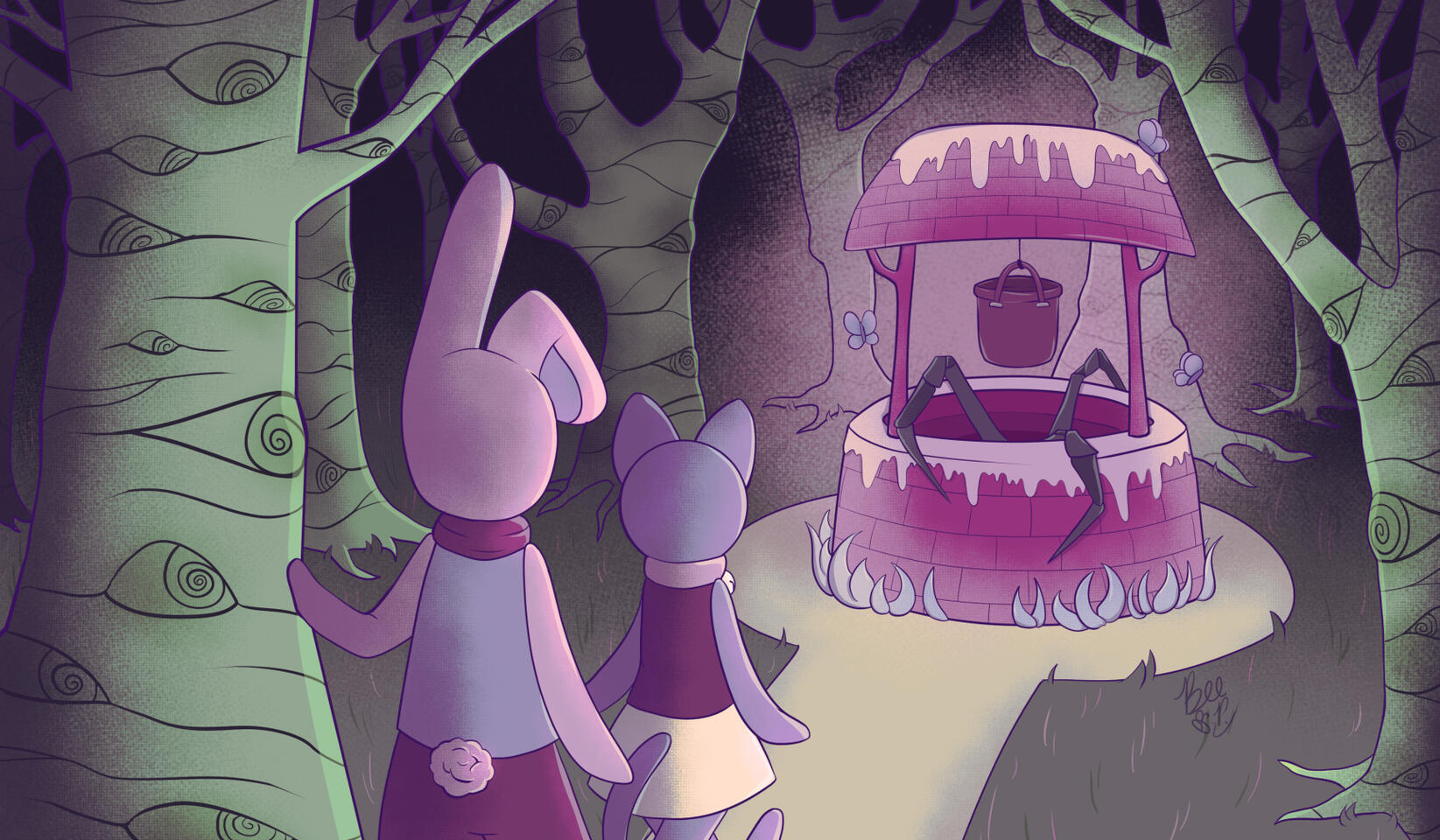 A Visual Development piece featuring two characters in a dark forest walking towards a glowing well